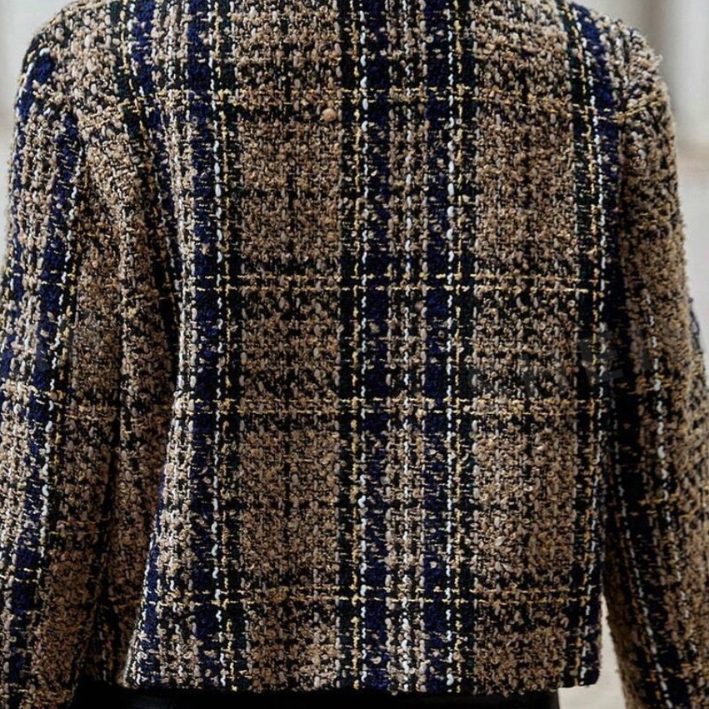 Classic Plaid Print Tweed Open Front Jacket Coat - Picture 7 of 9